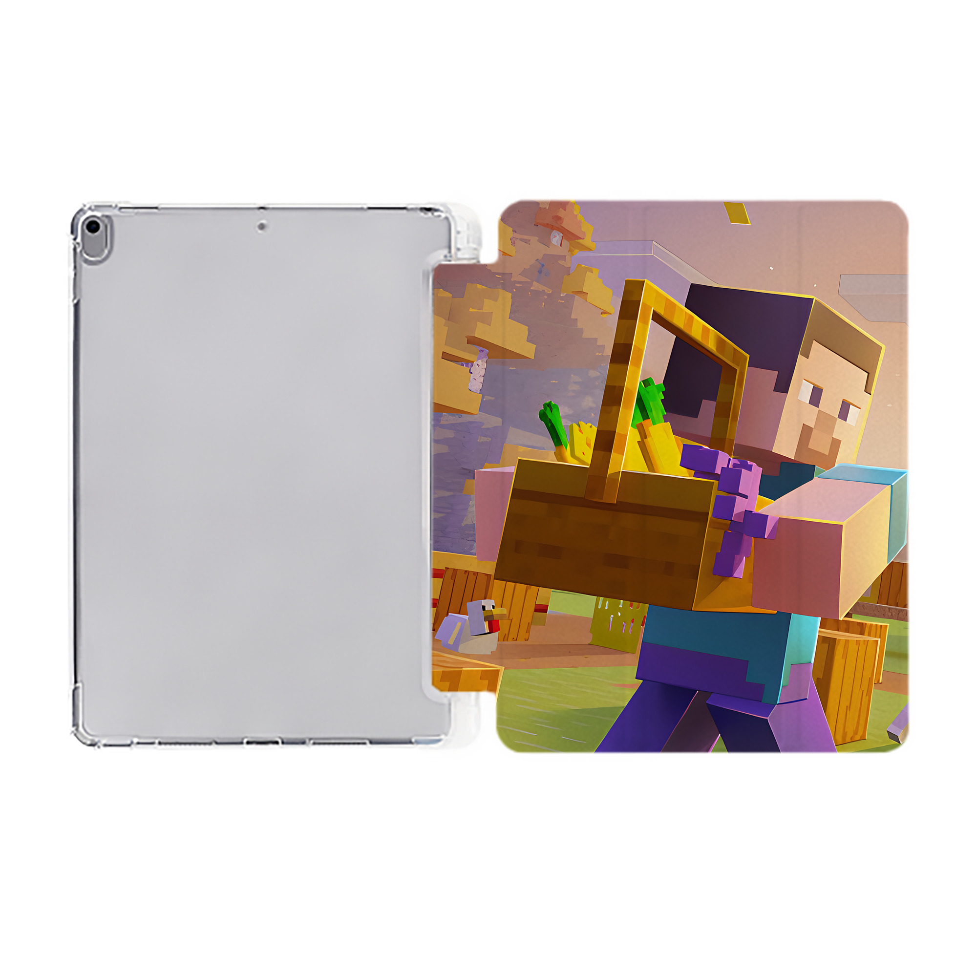 （画像用） マインクラフト ブロックの世界 Minecraft MC Block world IPad ケース ペン収納付き 三つ折りスタンド PUレザー×シリコン 対応機種9.5/10.5/10.9インチ